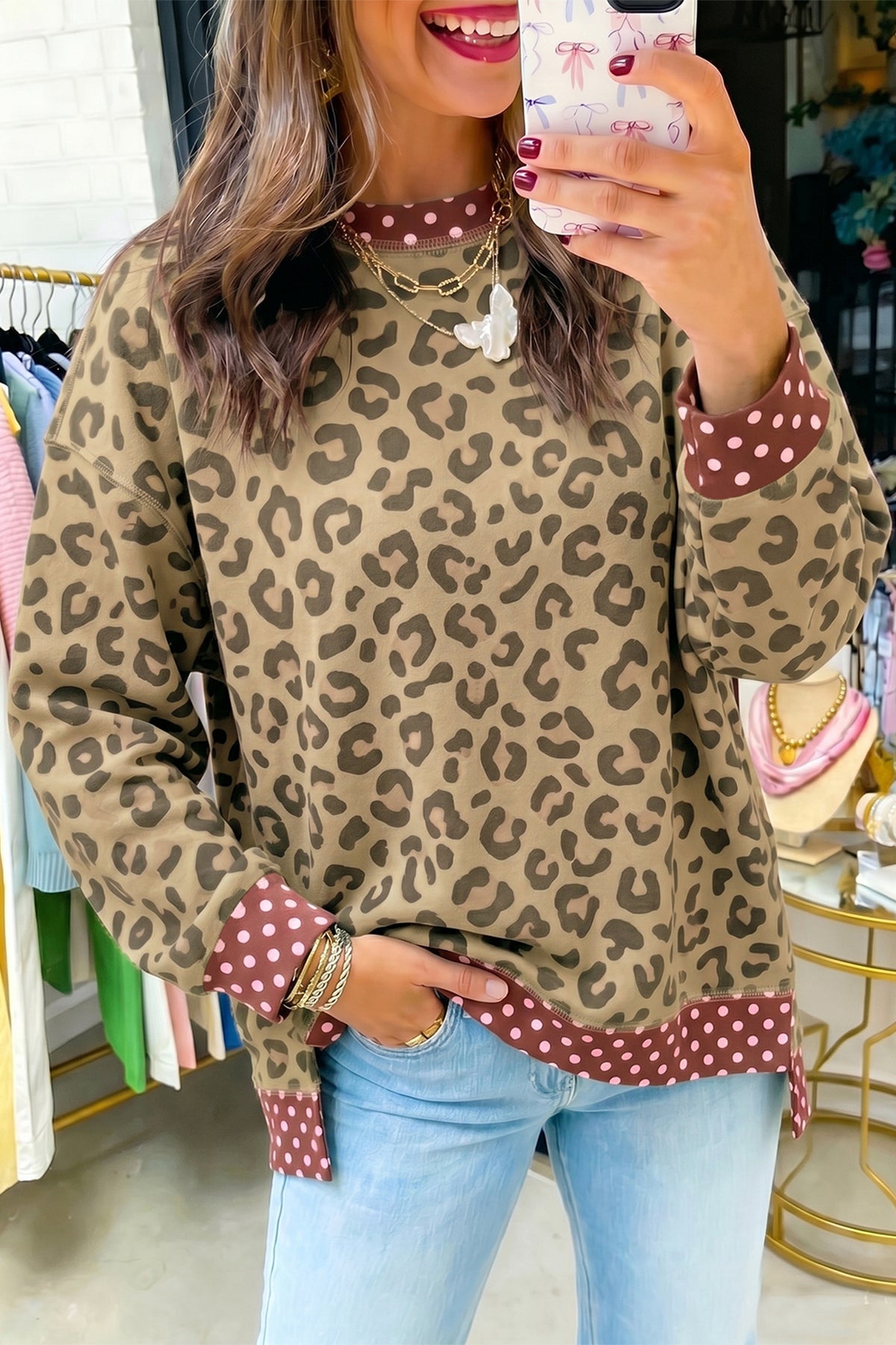Pink Leopard Polka Dot Long-Sleeve Top