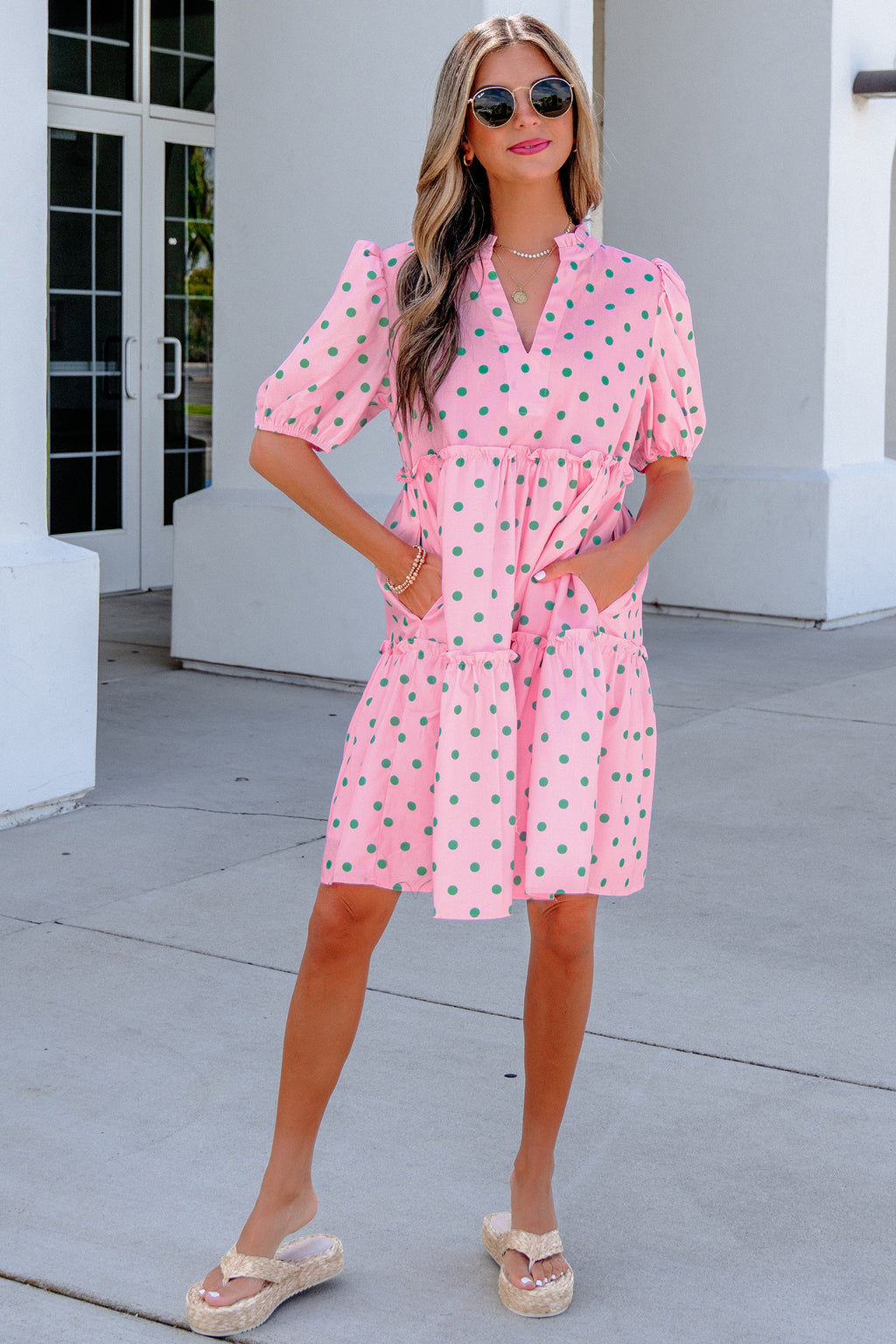 Pink Polka Dot V-Neck Tiered Mini Dress
