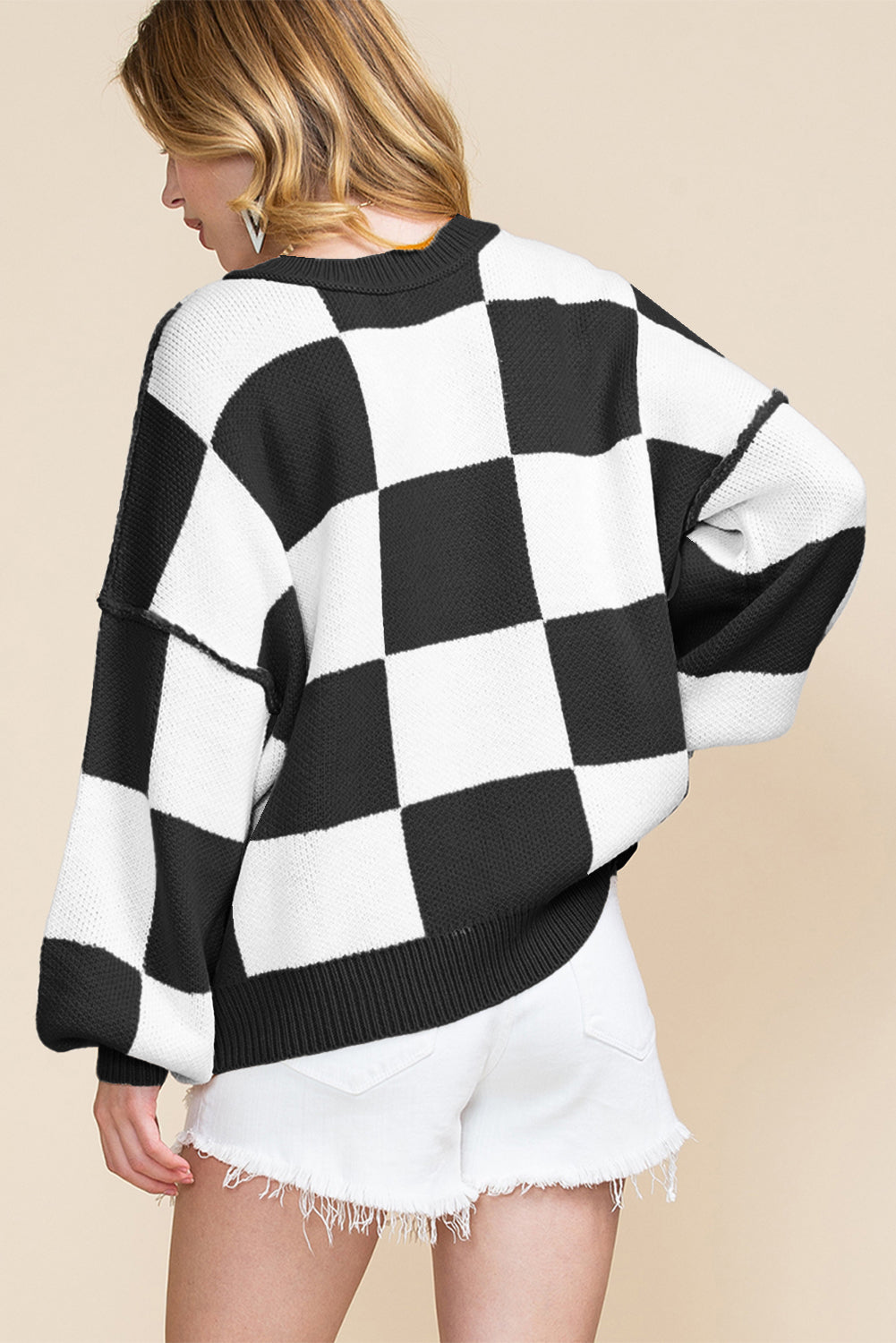 Orange Checkered Bishop-Sleeve Sweater