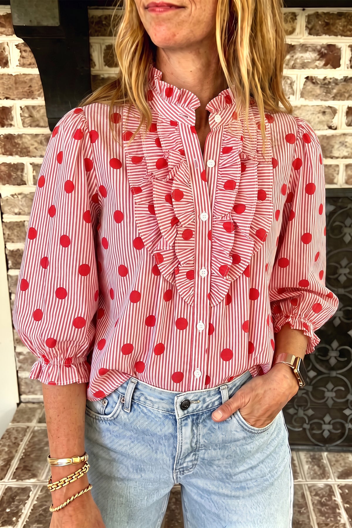 Red Striped Polka Dot Ruffle-Neck Blouse from ARVELA
