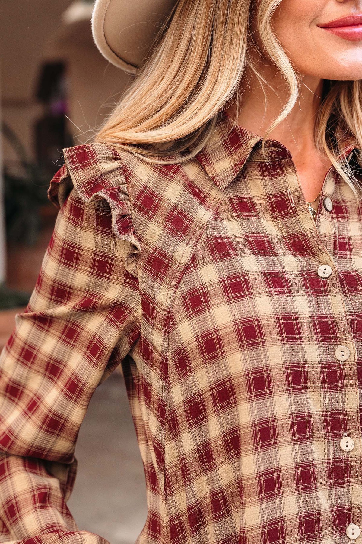 Red Plaid Ruffle Long-Sleeve Mini Shirt Dress