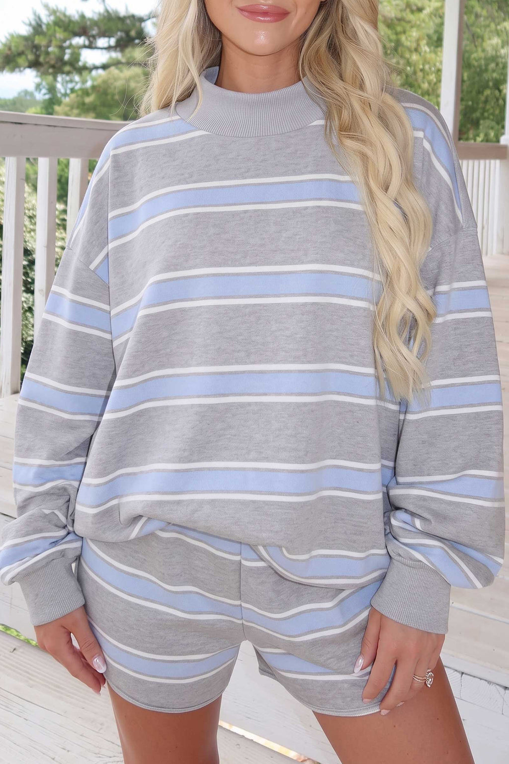 Sky Blue Striped High-Neck Top & Shorts Set from ARVELA