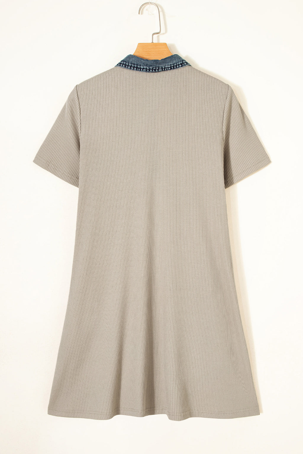 Beige Ribbed-Knit Denim-Panel Polo Dress