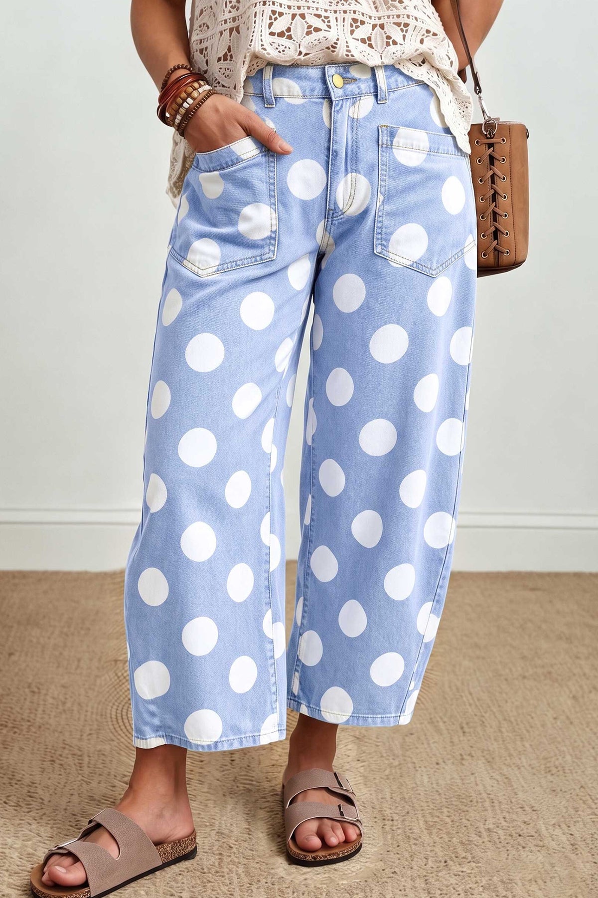 Brown Polka Dot Cropped Barrel-Leg Jeans