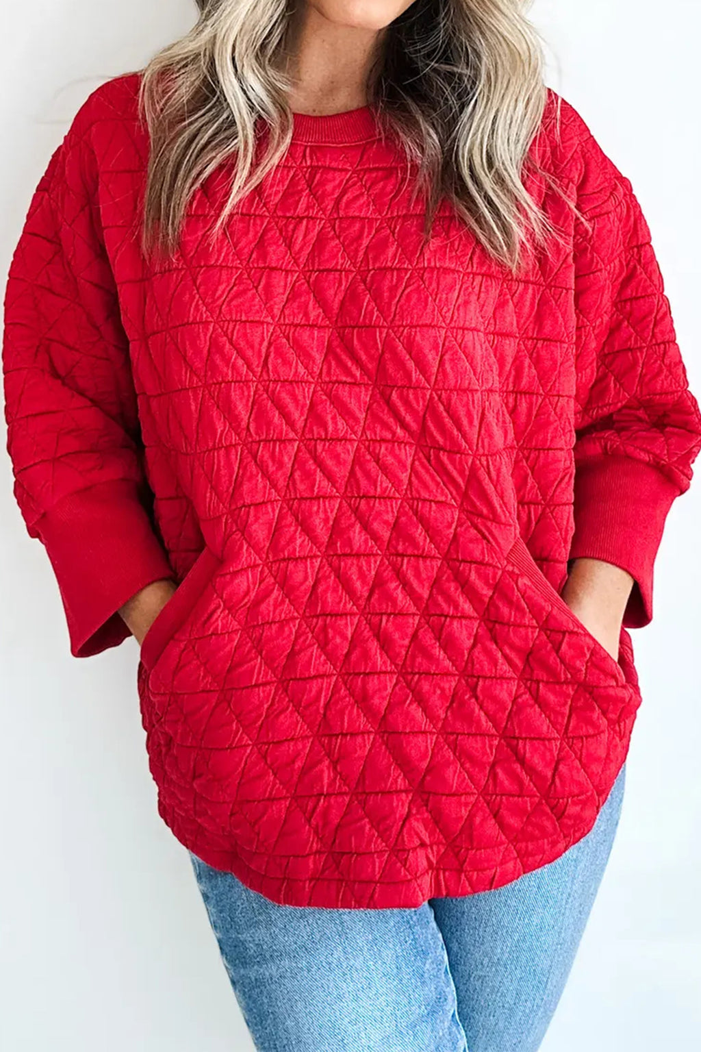 Red Quilted Three-Quarter Sleeve Pocket Top
