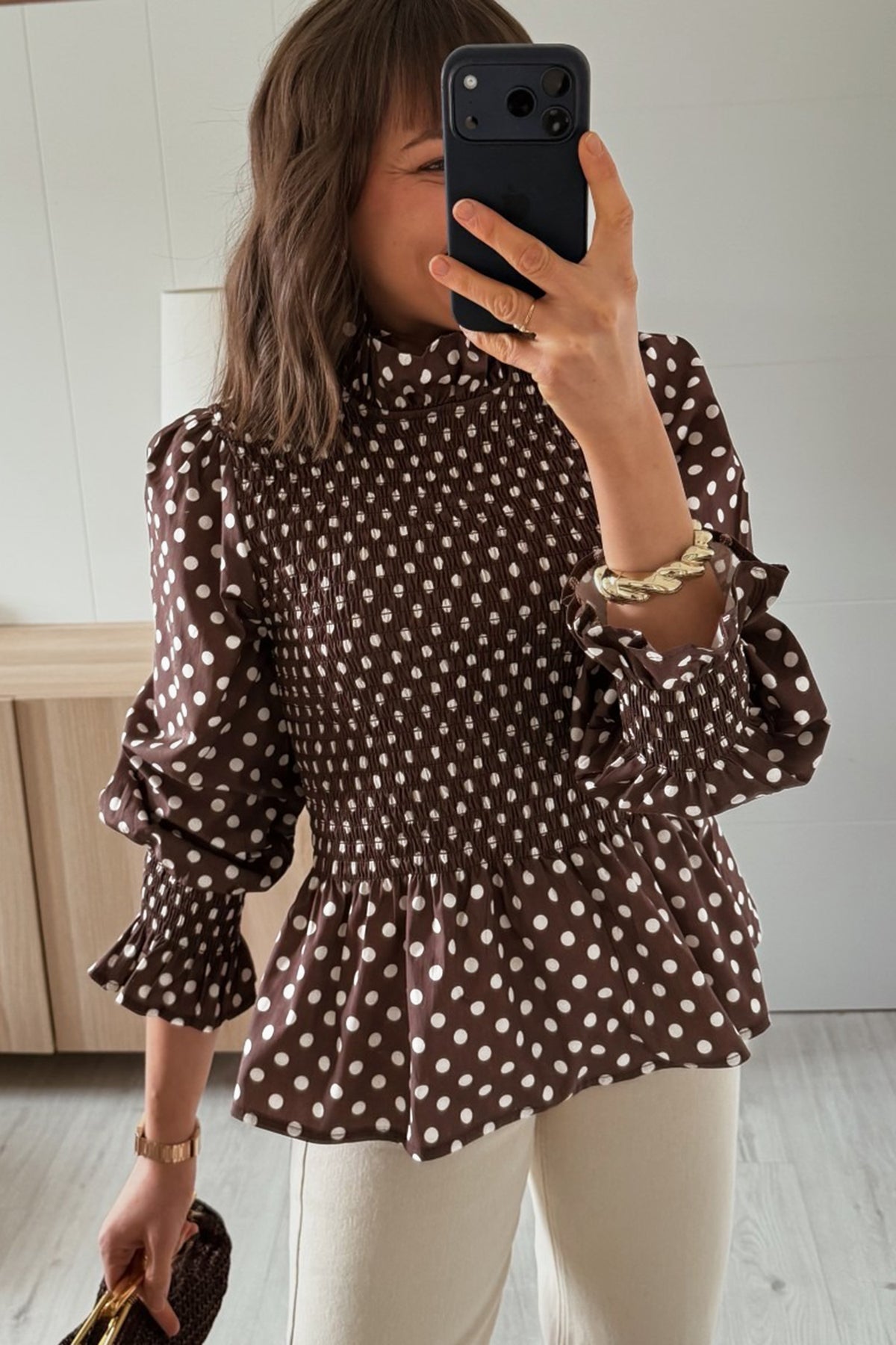 Brown Polka Dot High-Neck Ruffle Blouse