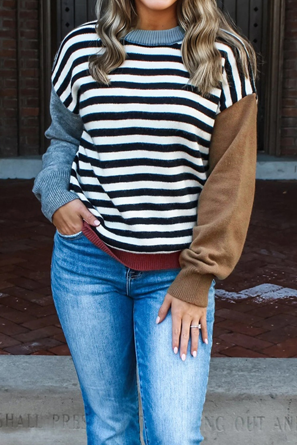 Black Striped Colorblock-Sleeve Sweater from ARVELA