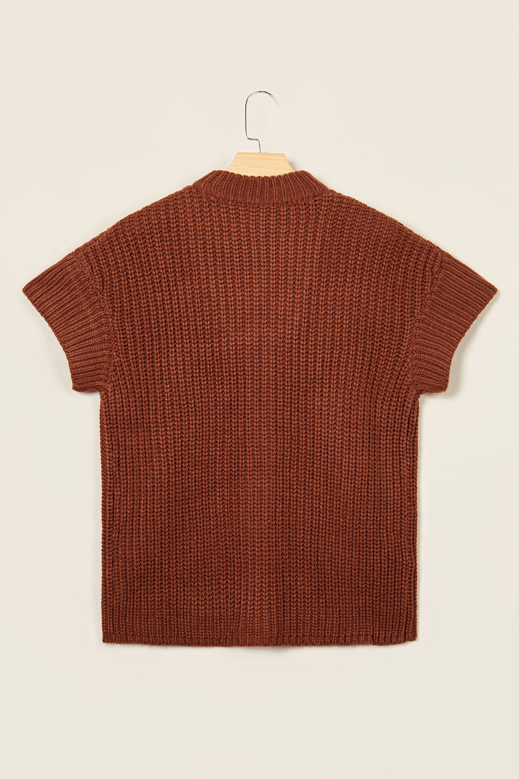 Cream Short-Sleeve Zip-Neck Knit Sweater