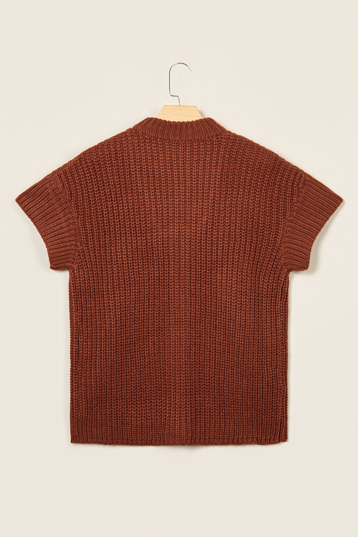 Cream Short-Sleeve Zip-Neck Knit Sweater