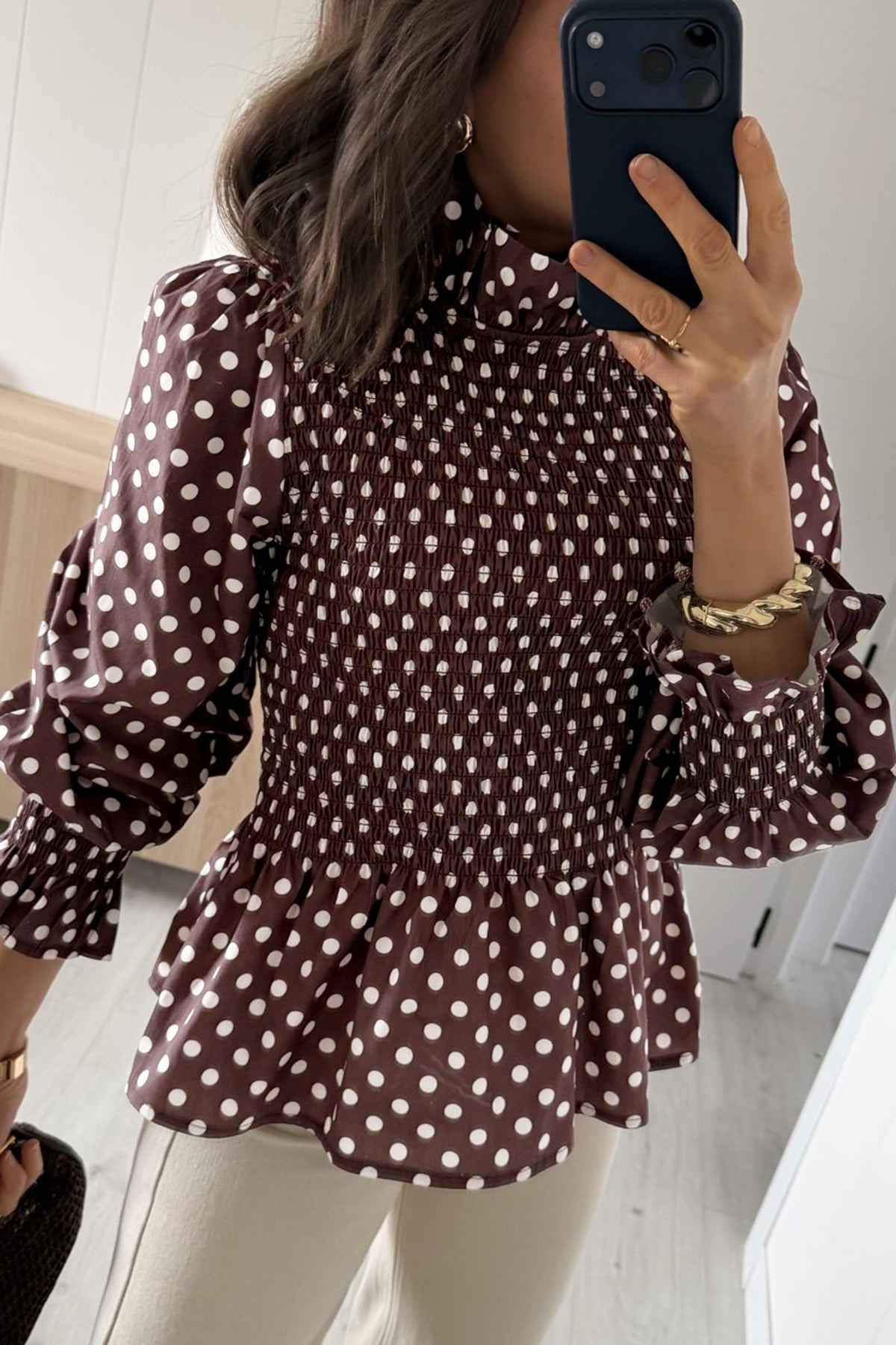 Brown Polka Dot High-Neck Ruffle Blouse