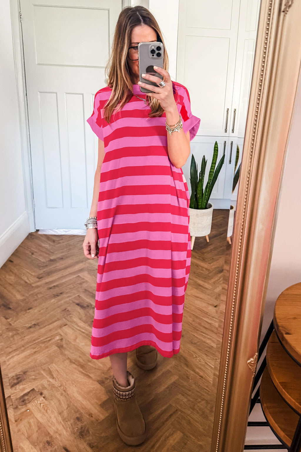 Rose Striped Pocket T-Shirt Maxi Dress