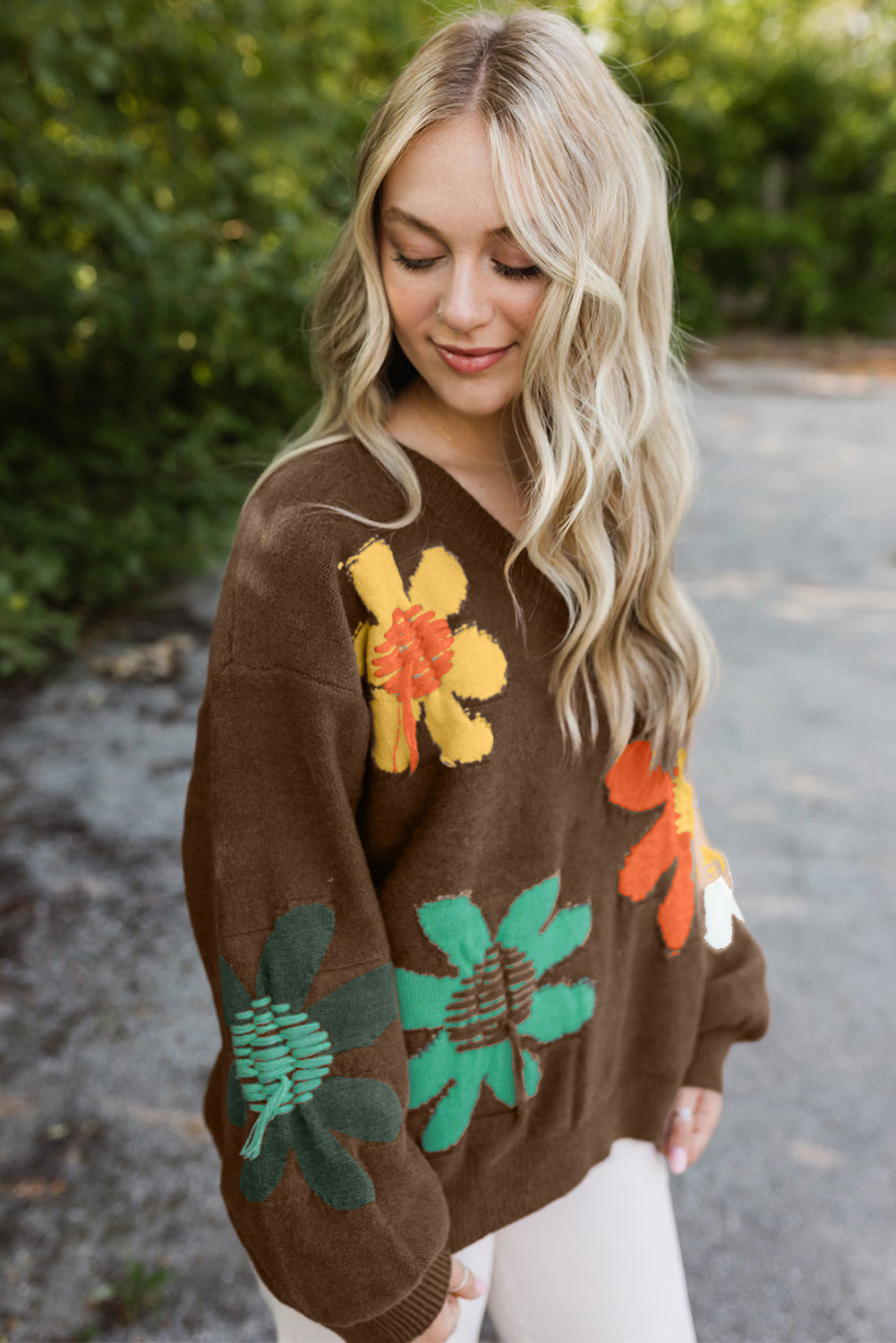 Coffee Brown Floral V-Neck Knit Sweater