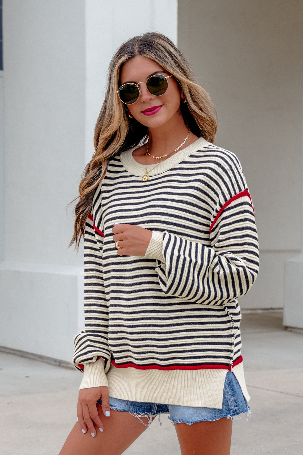 Black Striped Oversized Drop-Shoulder Sweater