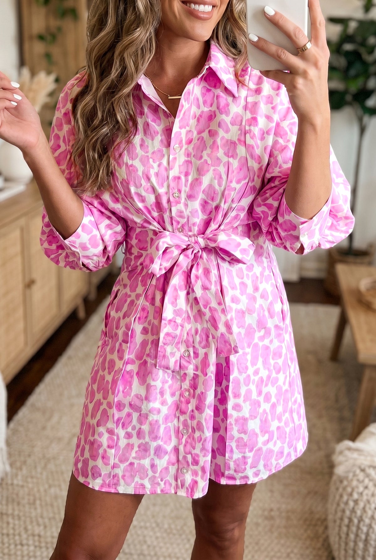 Pink Leopard-Print Tie-Waist Mini Shirt Dress from ARVELA