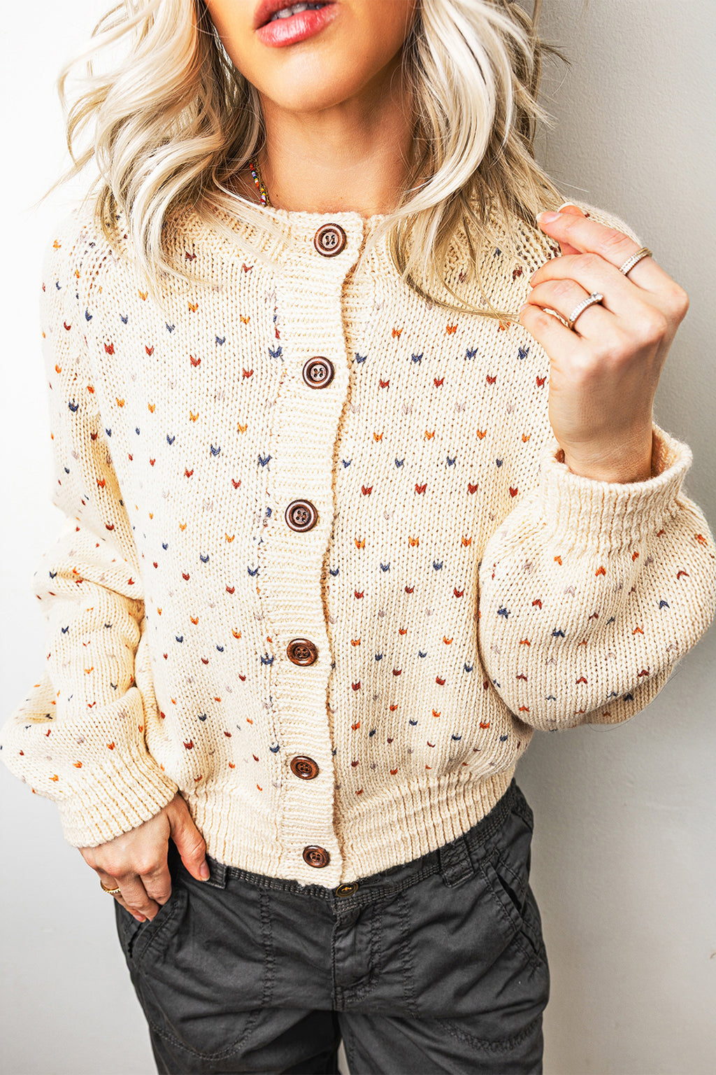Beige Geometric Button-Front Cardigan