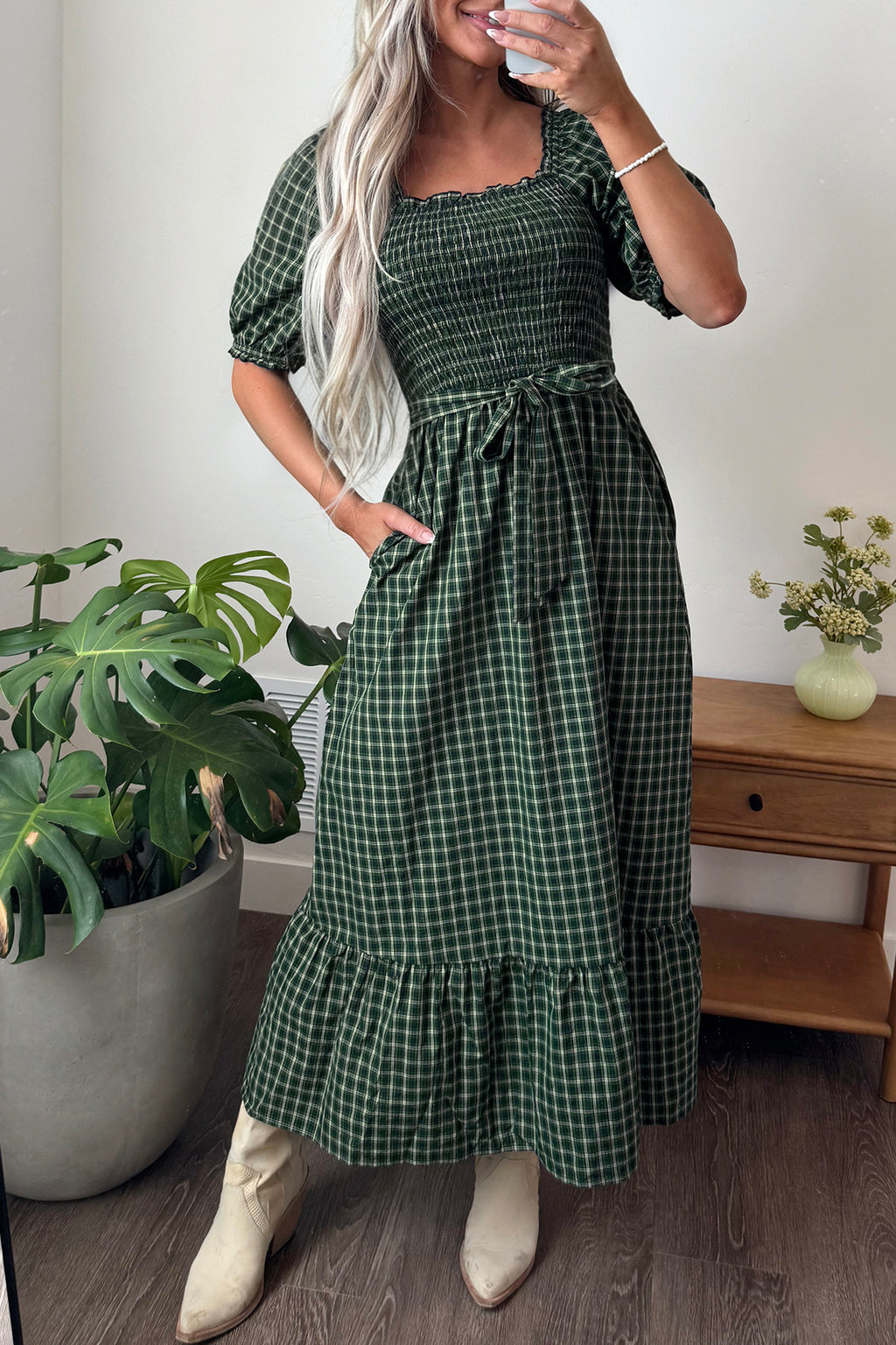 Green Plaid Square-Neck Ruffle Maxi Dress