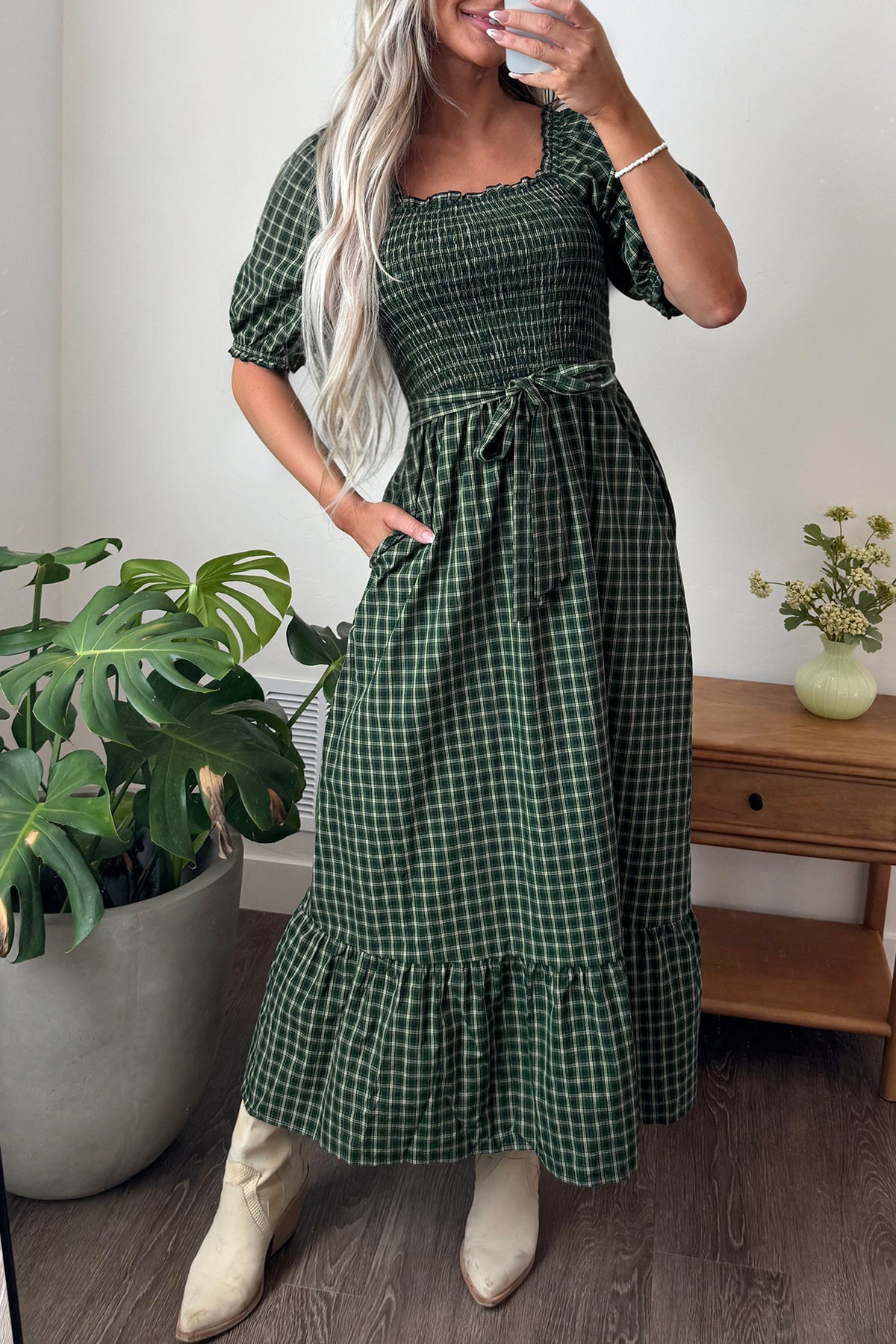 Green Plaid Square-Neck Ruffle Maxi Dress