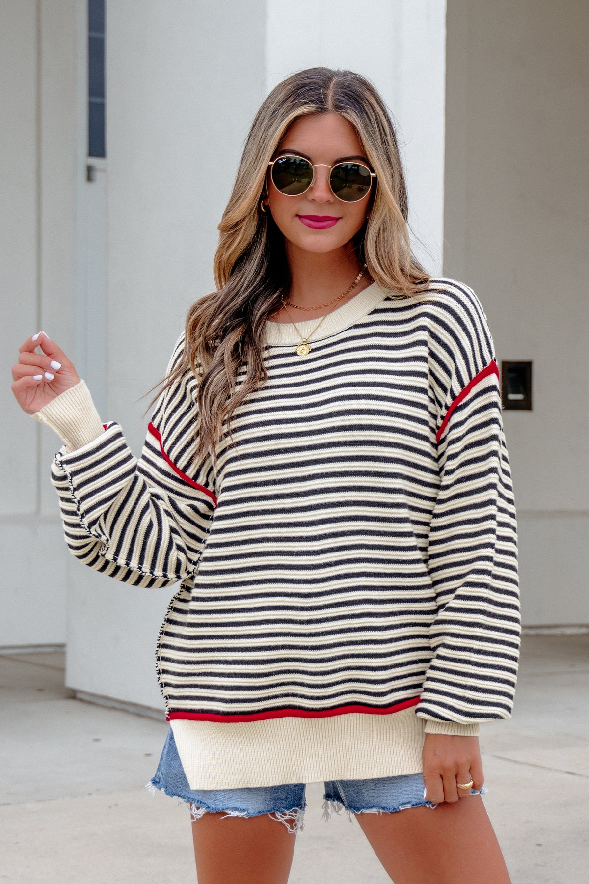 Black Striped Oversized Drop-Shoulder Sweater from ARVELA