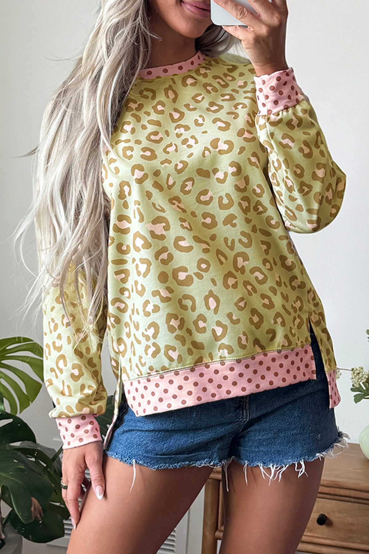 Pink Leopard Polka Dot Long-Sleeve Top