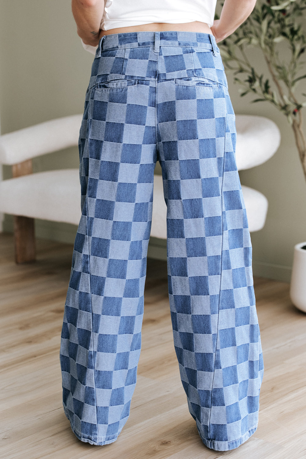 Dark Gray Checkered Wide-Leg Denim Jeans