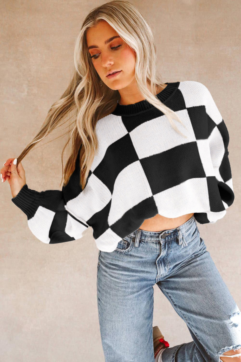 Orange Checkered Bishop-Sleeve Sweater