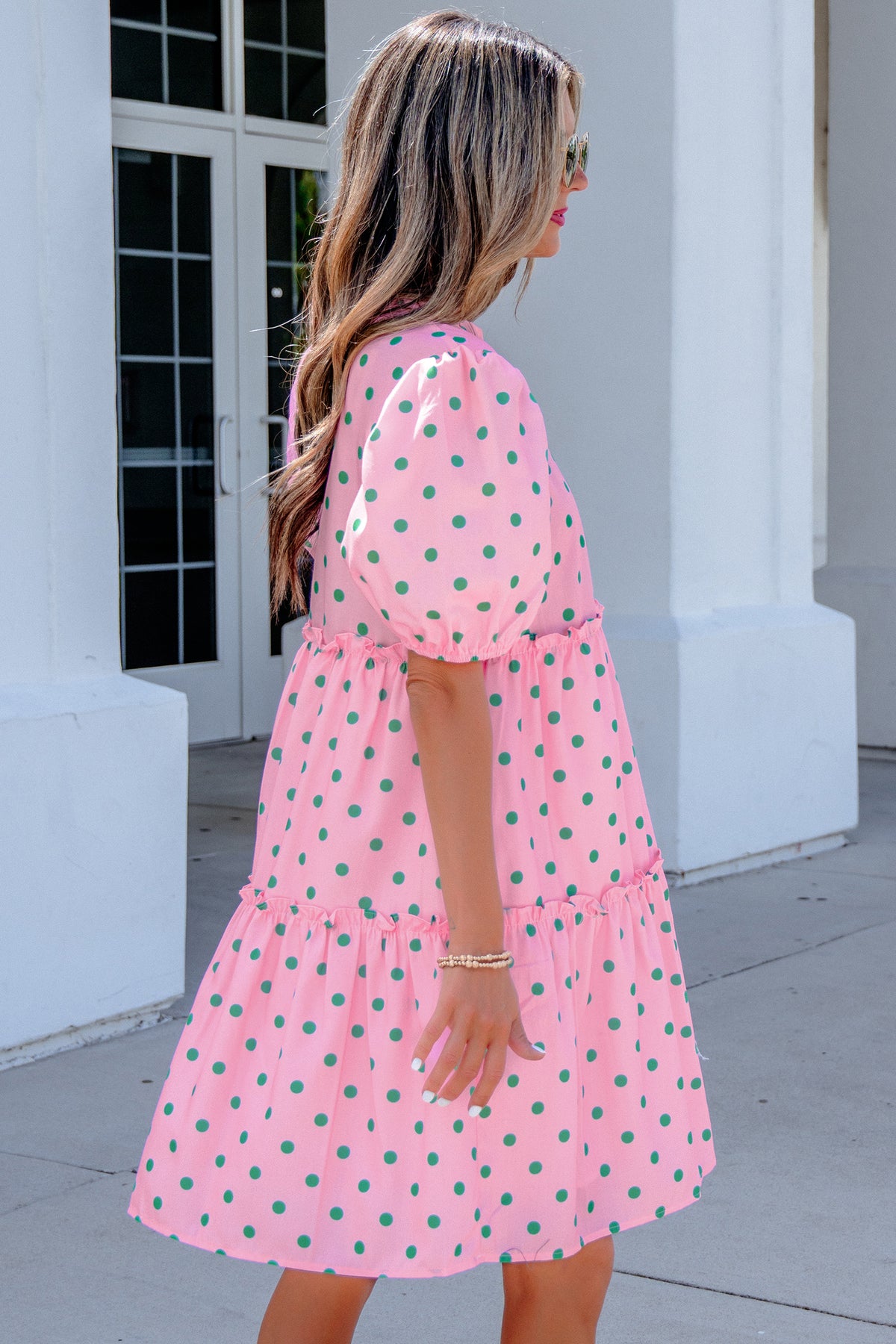Pink Polka Dot V-Neck Tiered Mini Dress