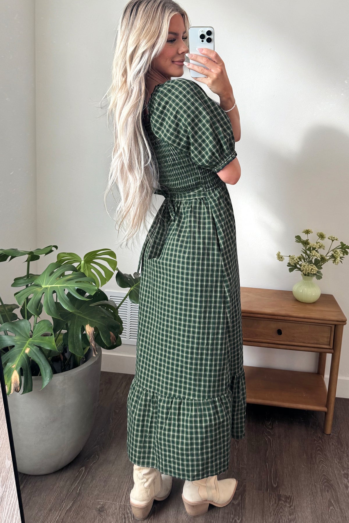 Green Plaid Square-Neck Ruffle Maxi Dress