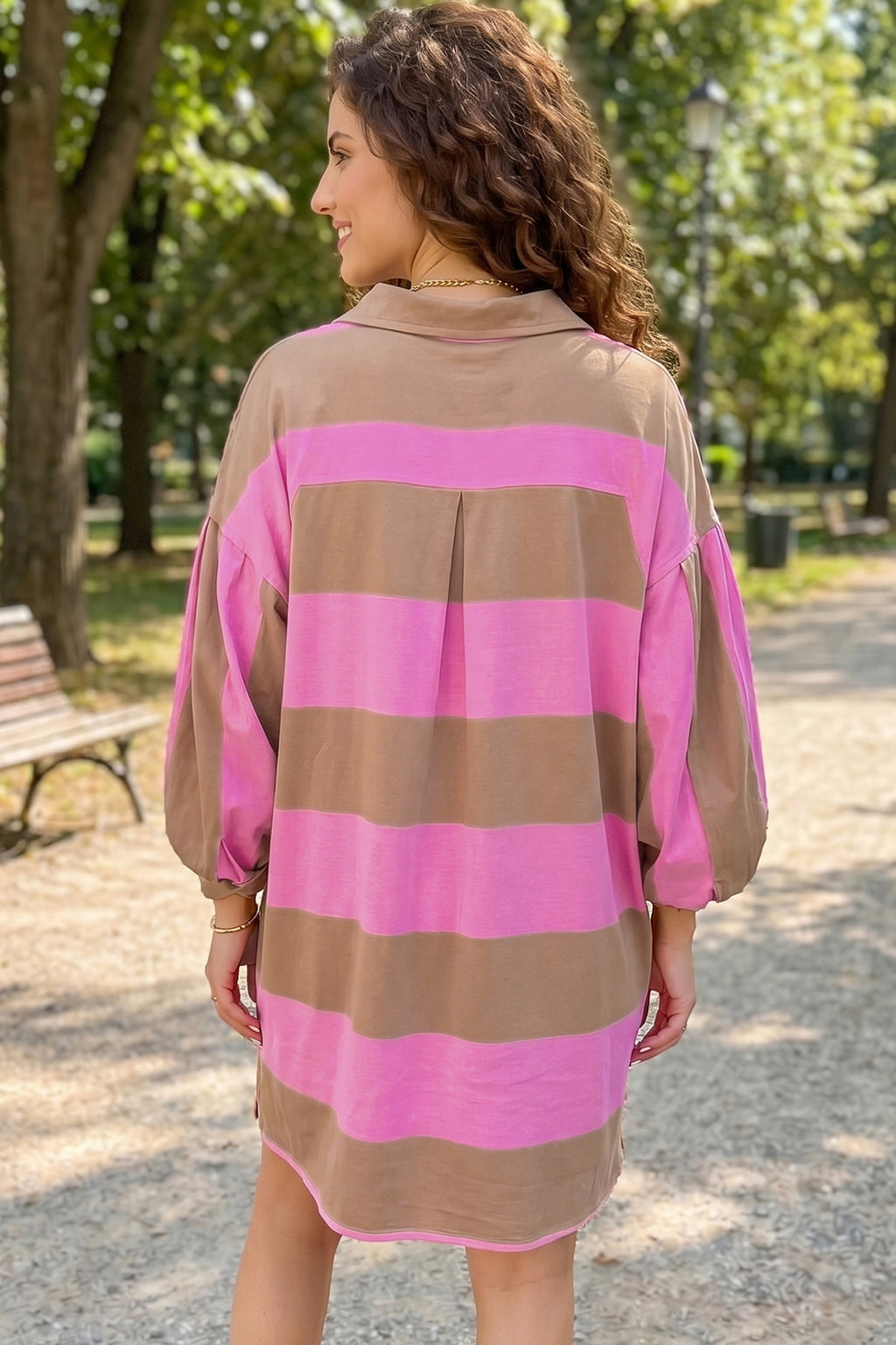 Rose Striped Button-Detail Long-Sleeve Mini Dress