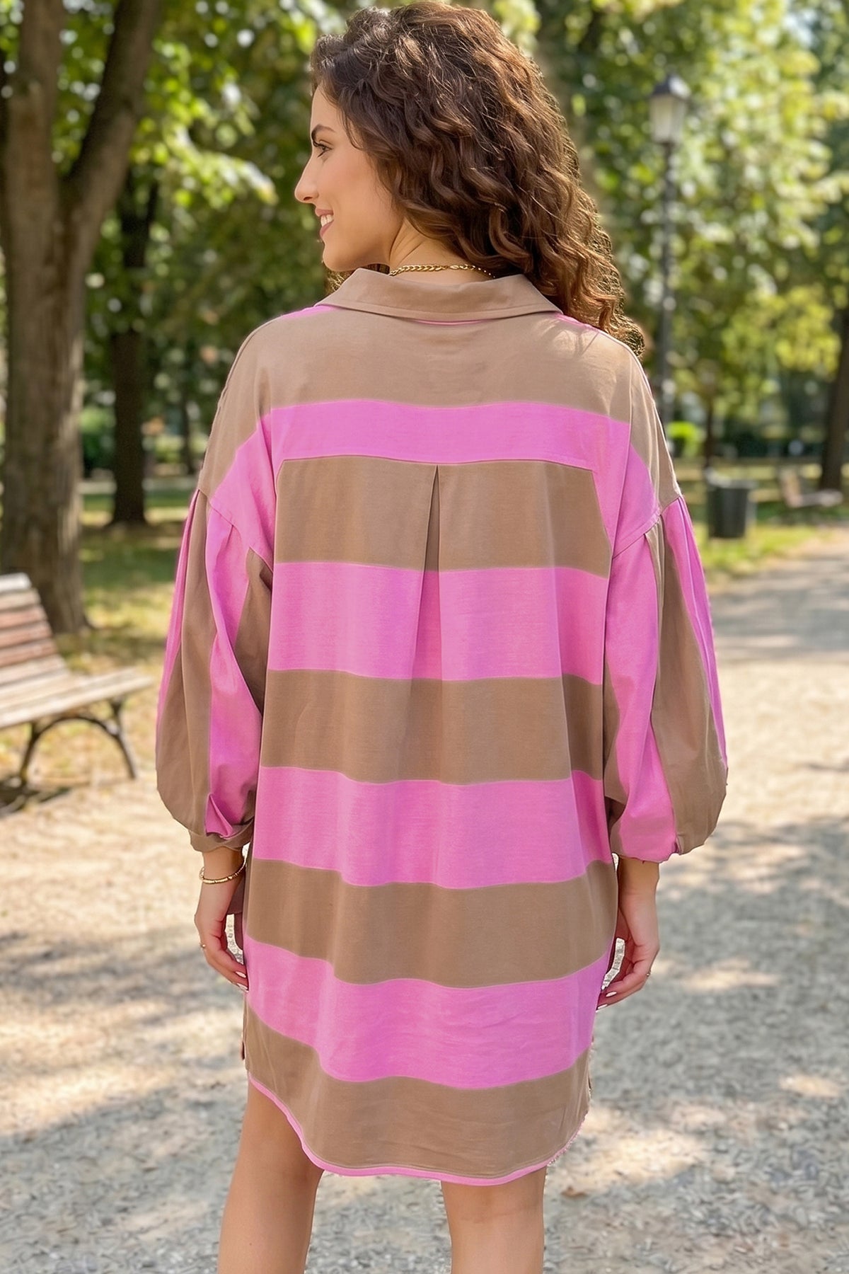 Rose Striped Button-Detail Long-Sleeve Mini Dress