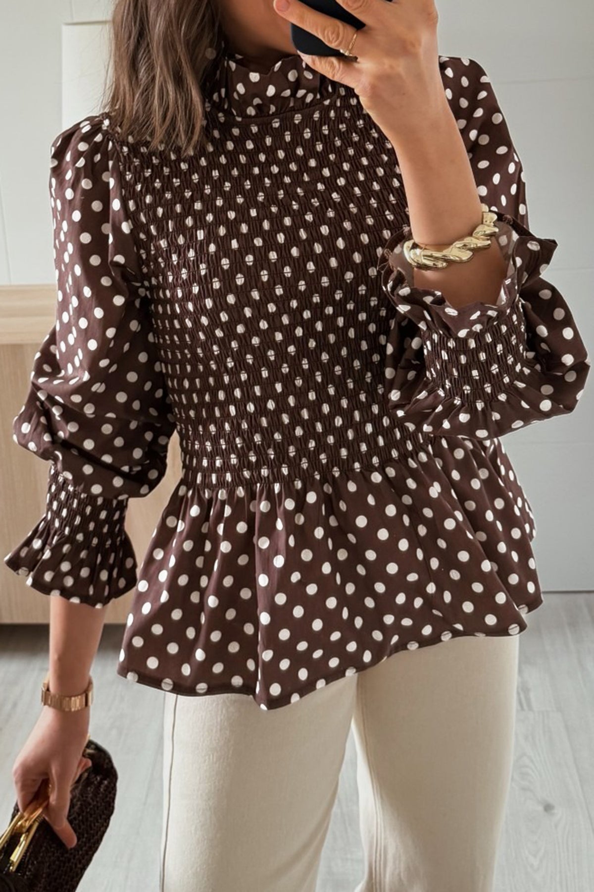 Brown Polka Dot High-Neck Ruffle Blouse from ARVELA
