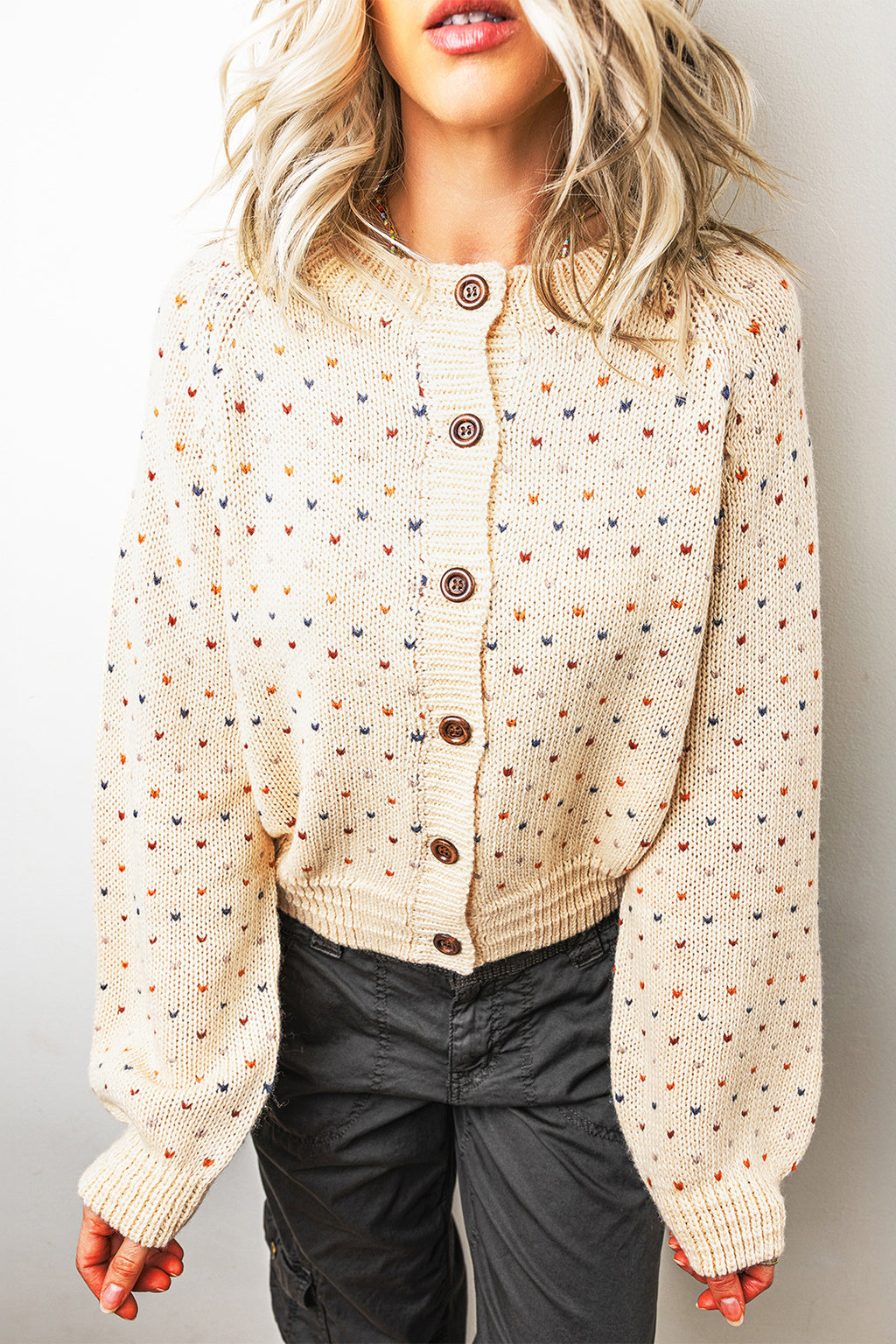 Beige Geometric Button-Front Cardigan