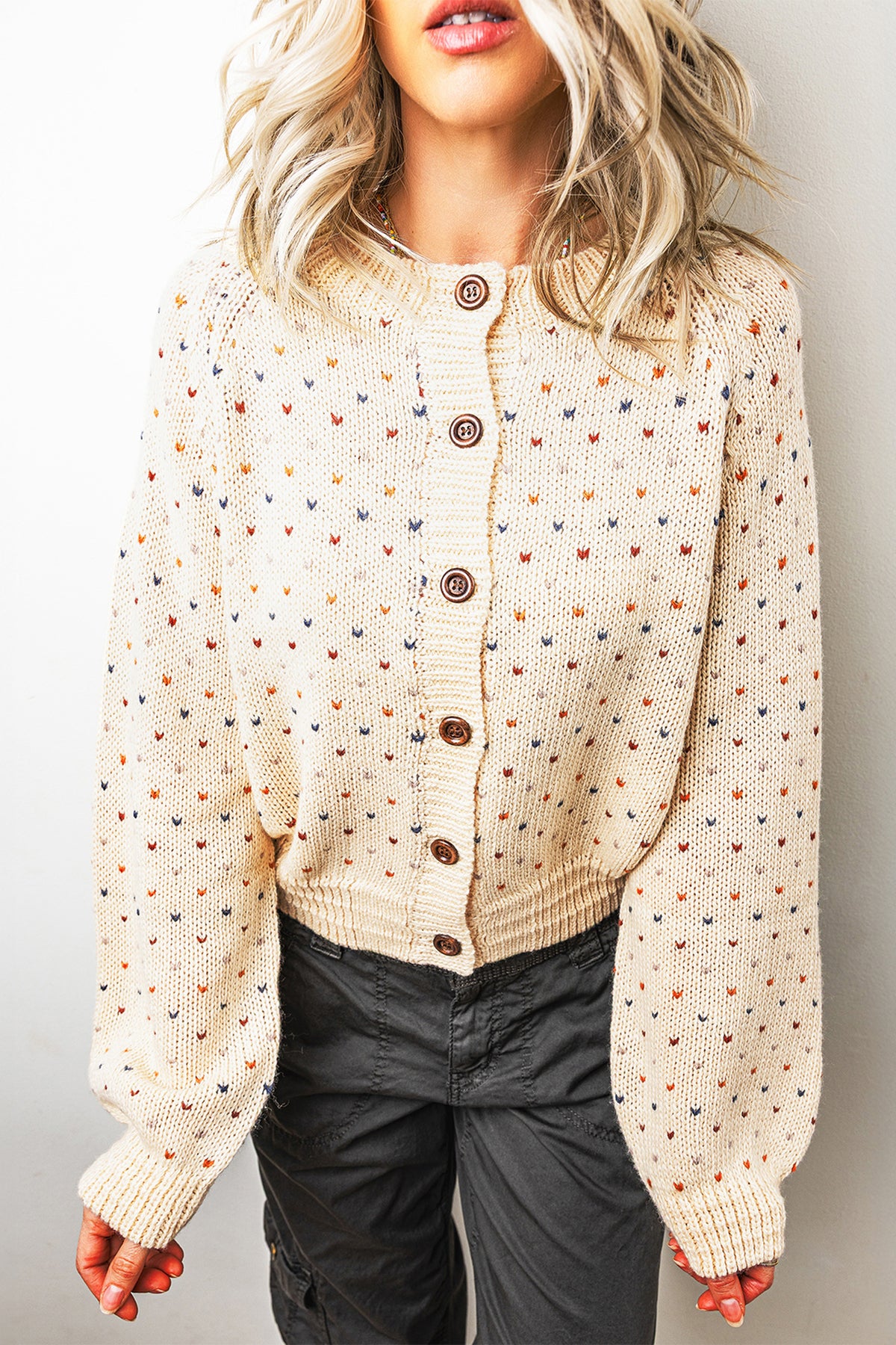 Beige Geometric Button-Front Cardigan