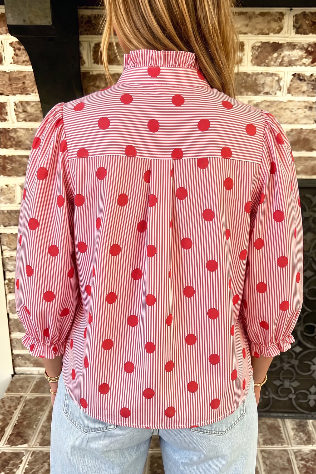 Red Striped Polka Dot Ruffle-Neck Blouse