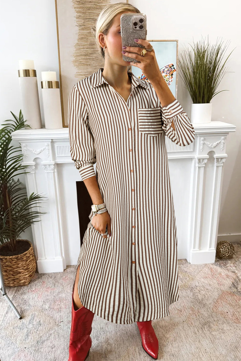 Brown Striped Textured Midi Shirt Dress