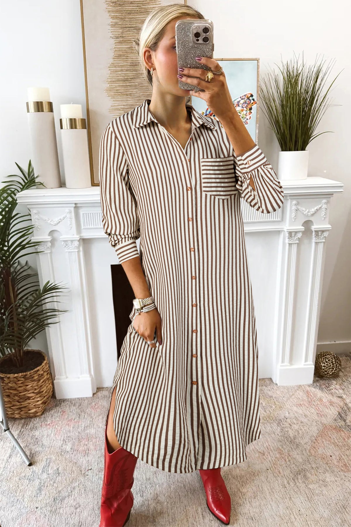 Brown Striped Textured Midi Shirt Dress