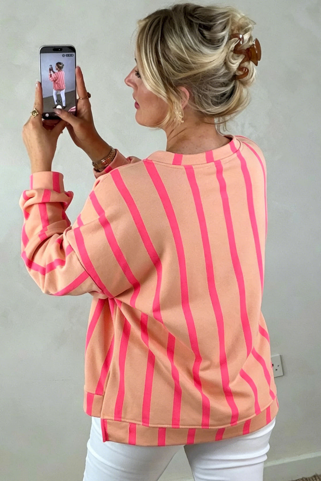 Green Striped Drop-Shoulder Crewneck Sweatshirt