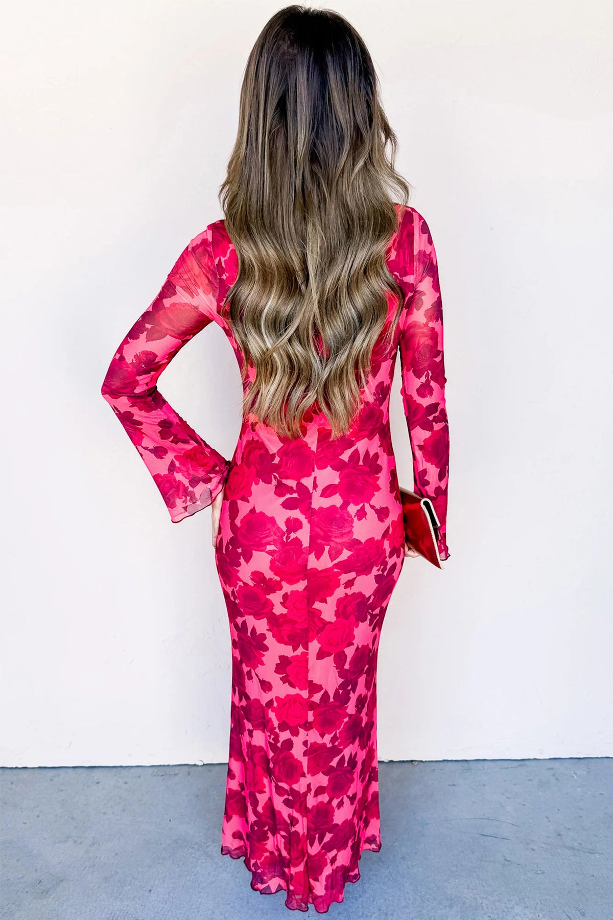 Red Floral Long-Sleeve Sheath Dress