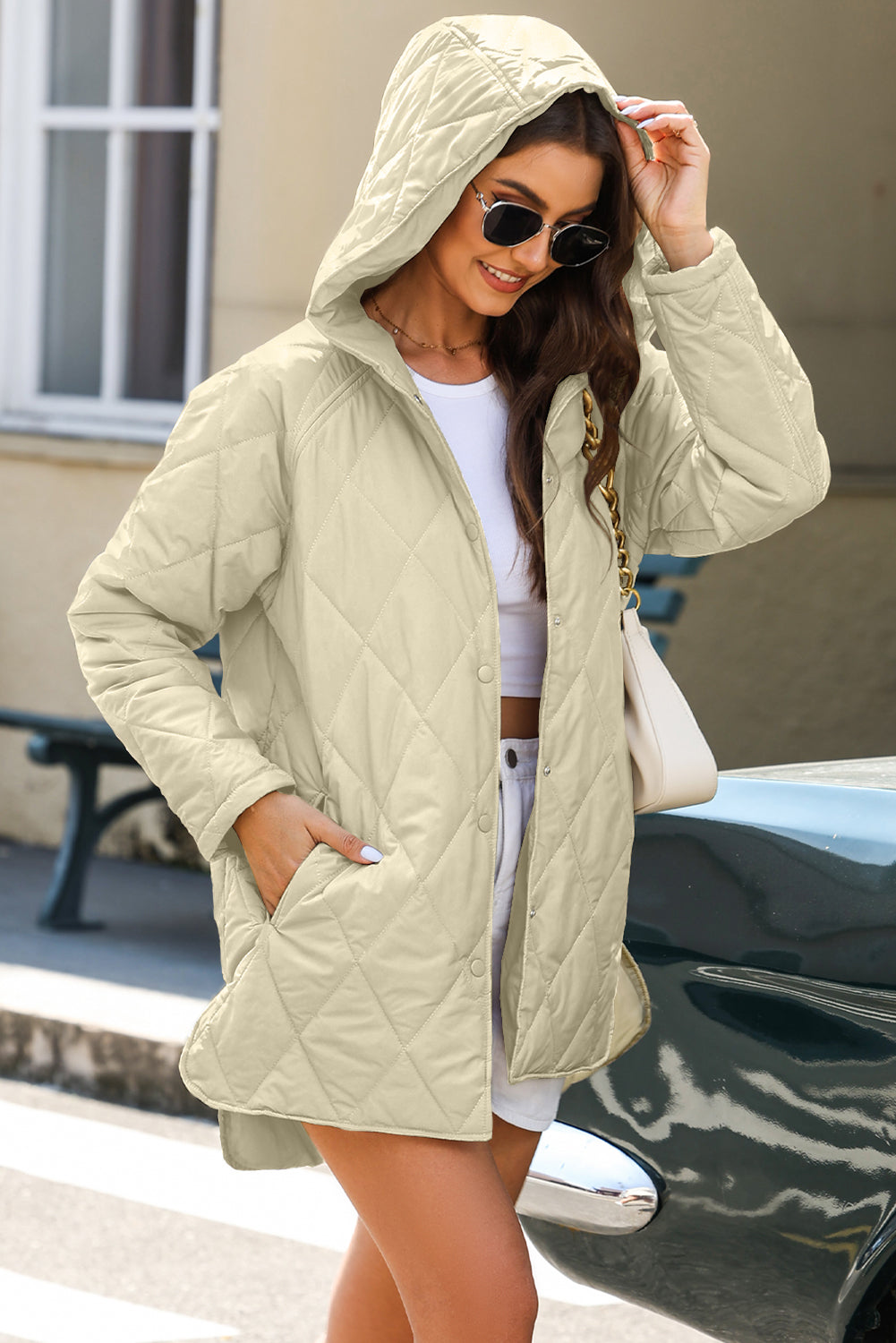 Beige Quilted Hooded Snap-Button Jacket
