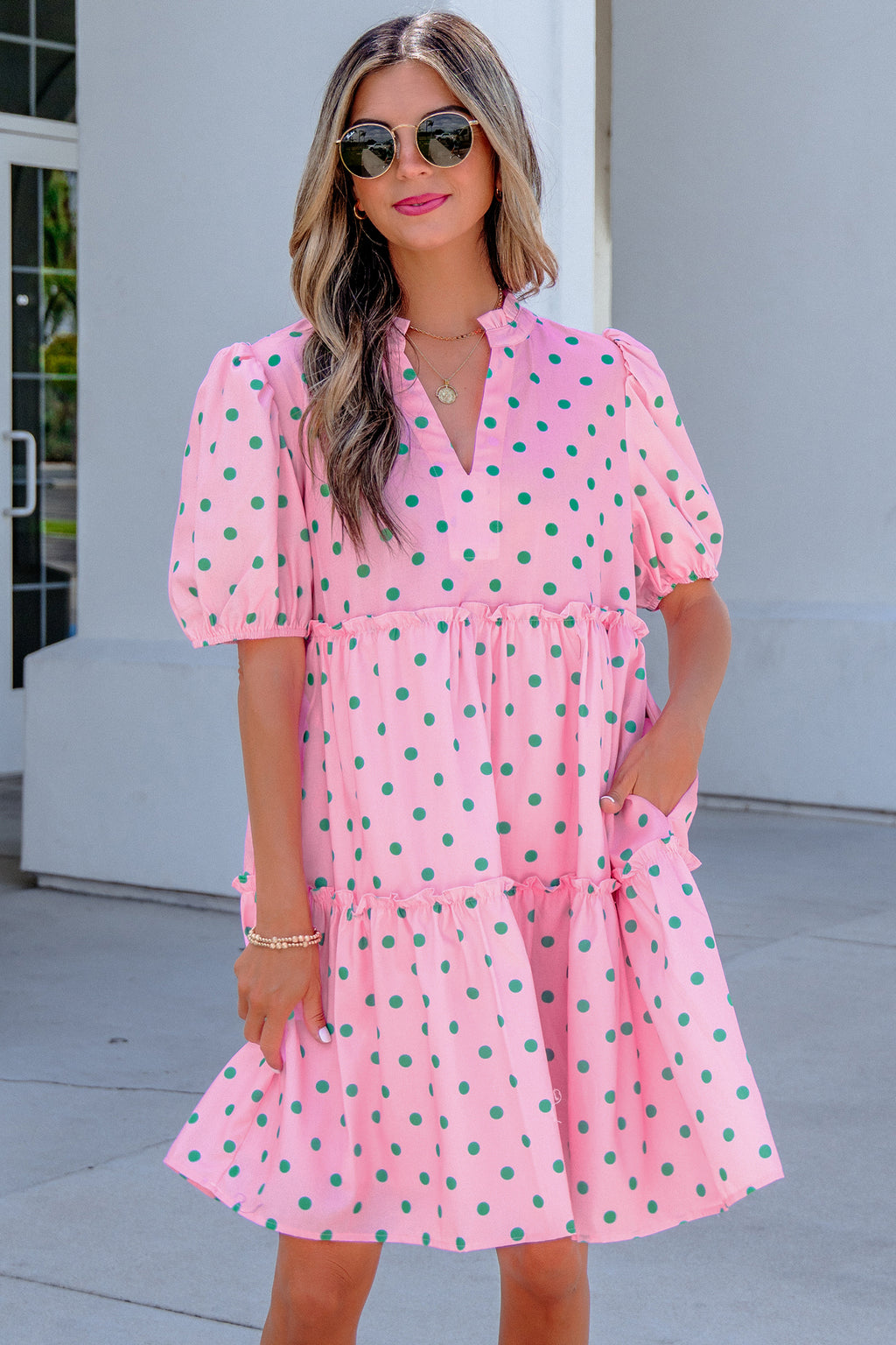 Pink Polka Dot V-Neck Tiered Mini Dress from ARVELA