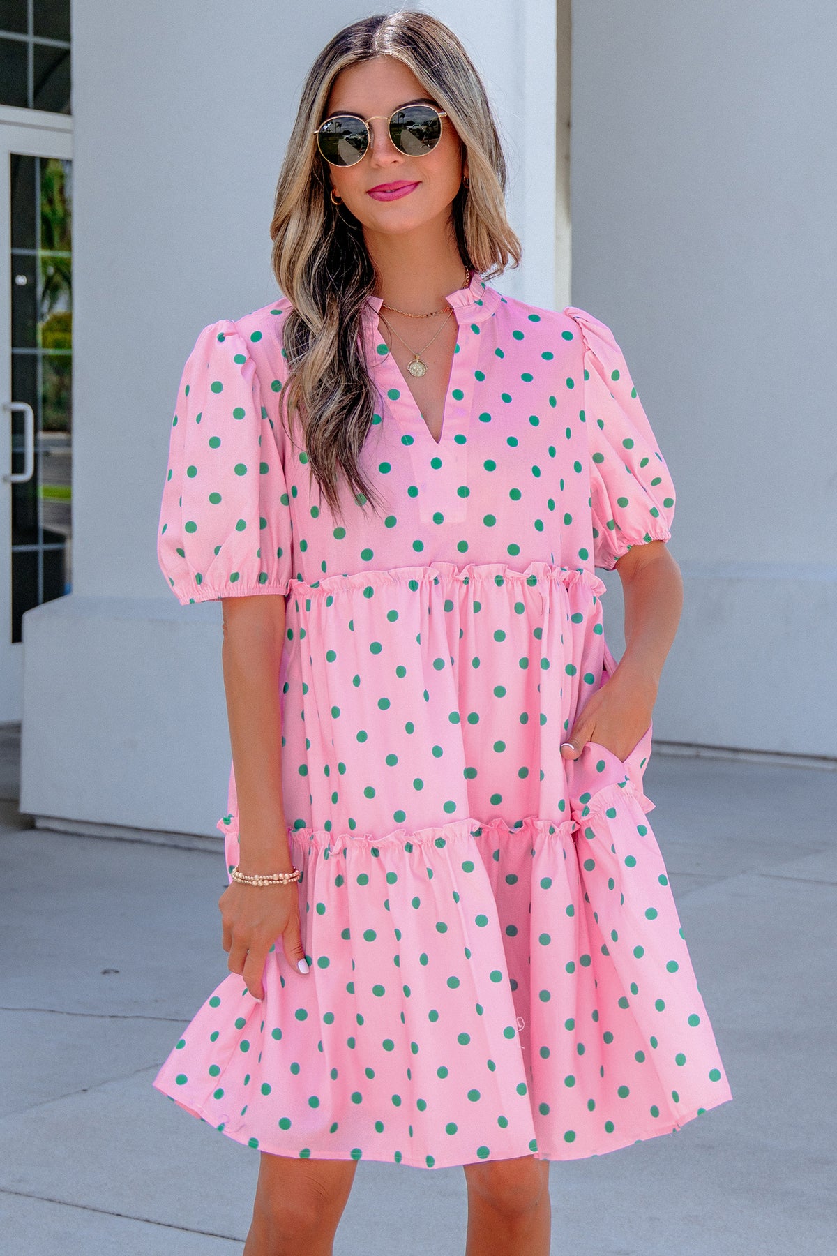 Pink Polka Dot V-Neck Tiered Mini Dress from ARVELA