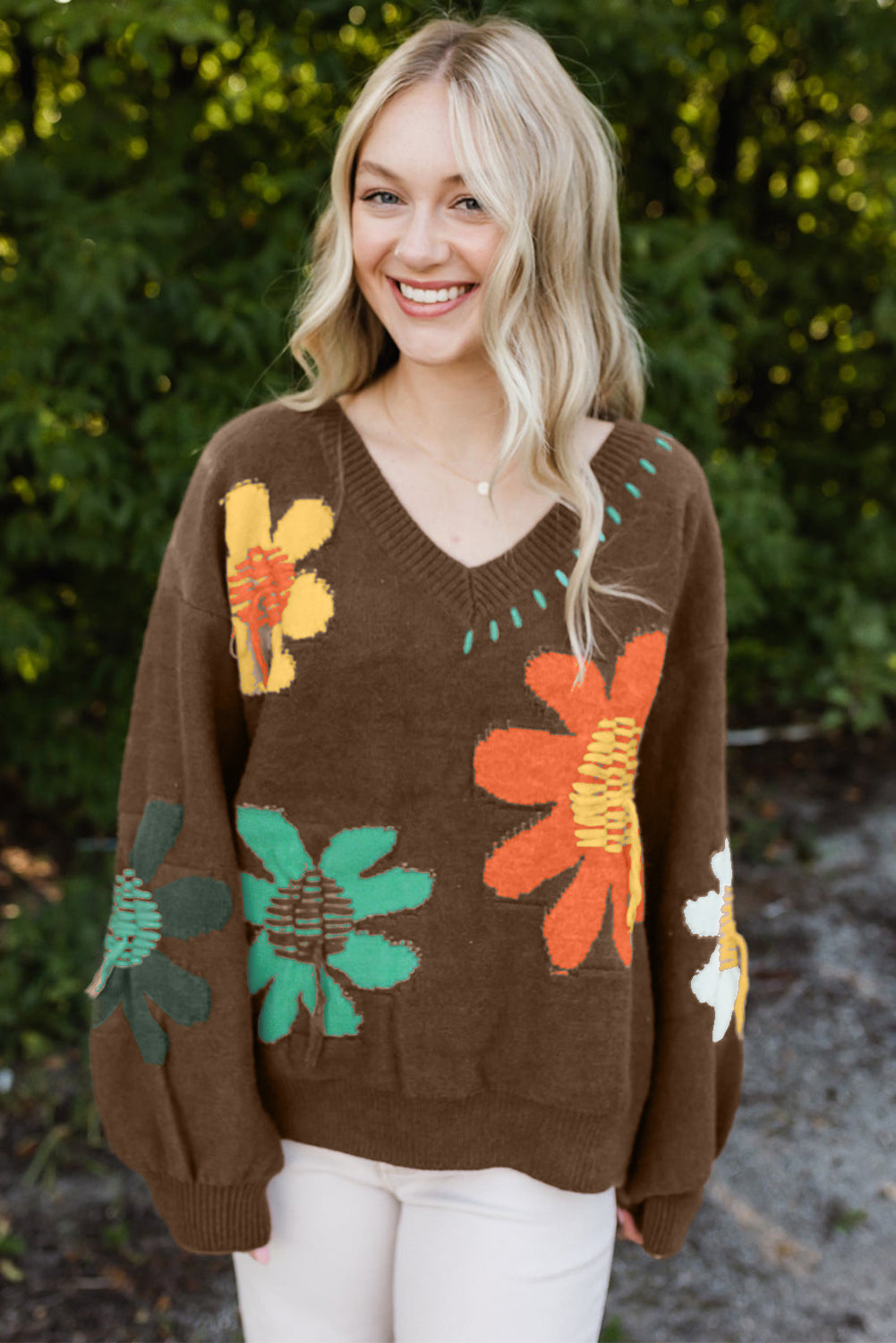 Coffee Brown Floral V-Neck Knit Sweater