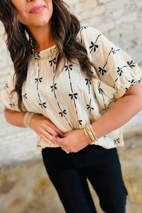 Beige Bow-Print Puff-Sleeve Blouse from ARVELA