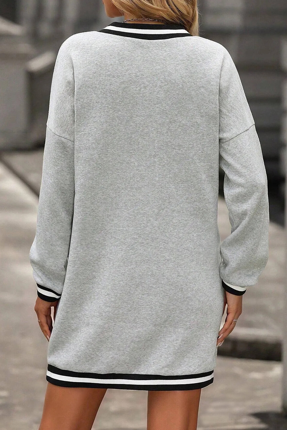 Light Gray Striped V-Neck T-Shirt Mini Dress