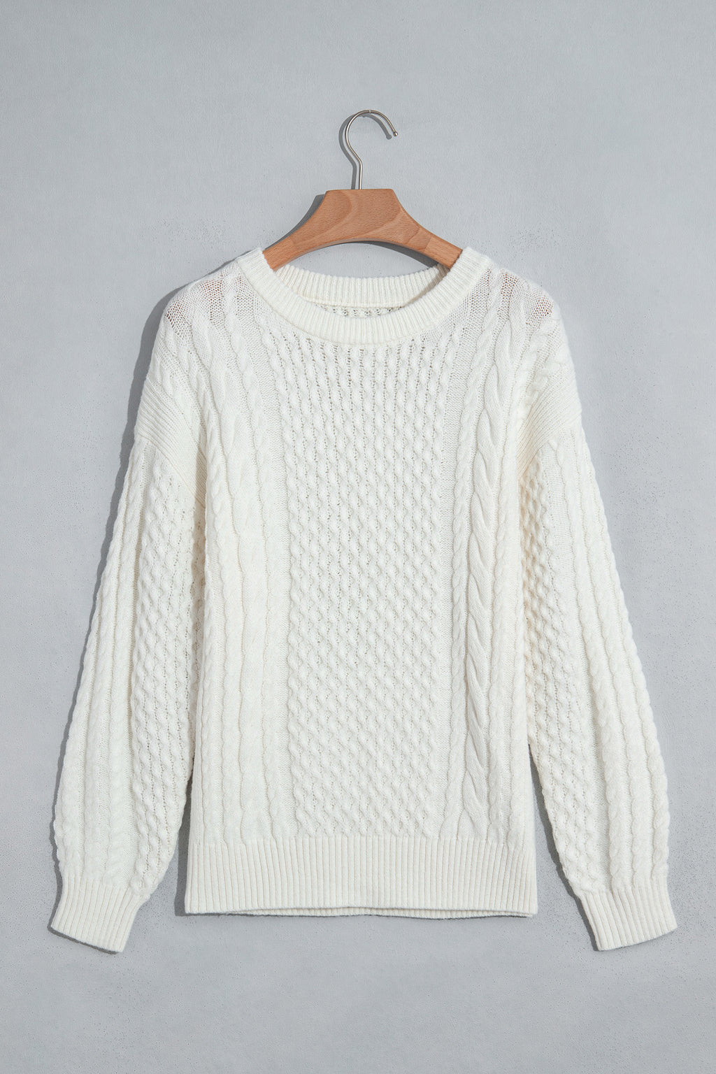 Beige Cable-Knit Relaxed Crewneck Sweater