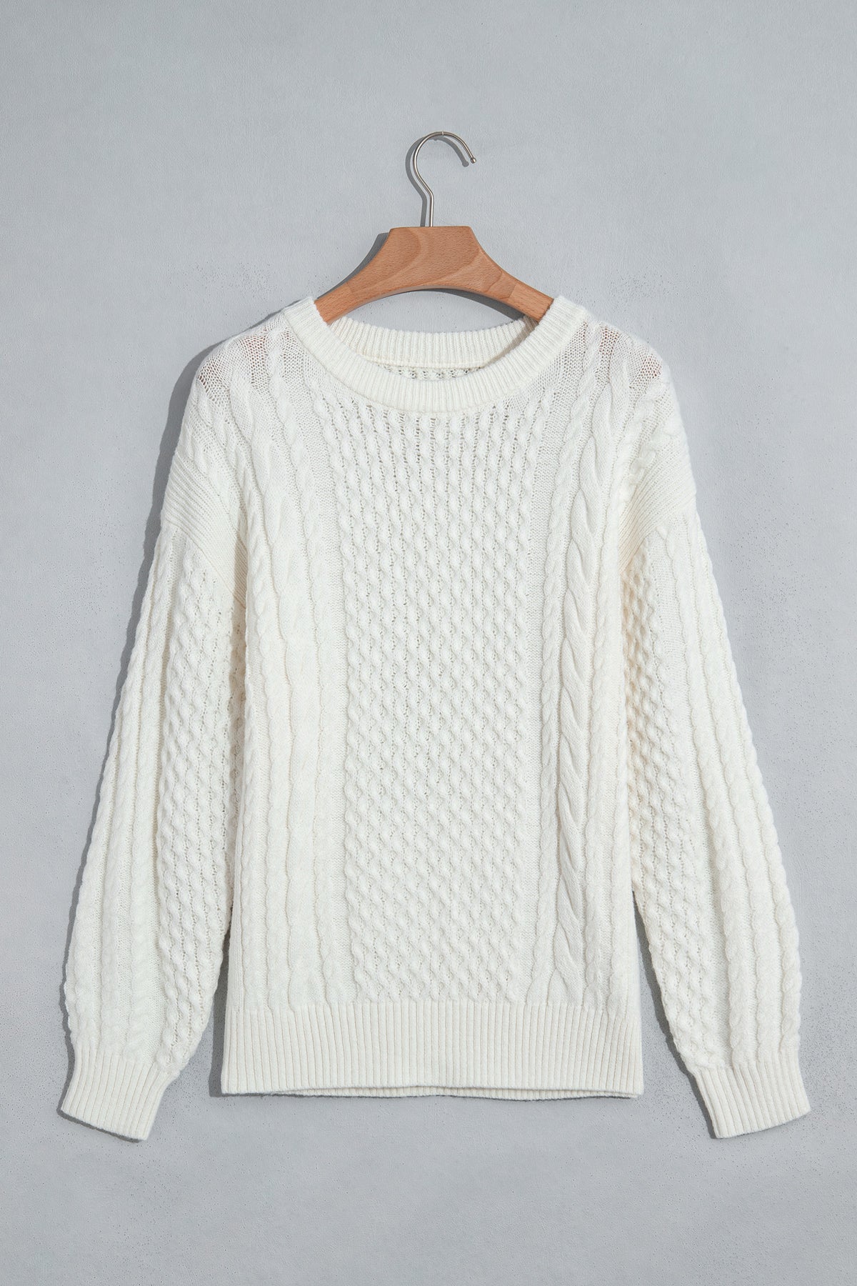 Beige Cable-Knit Relaxed Crewneck Sweater