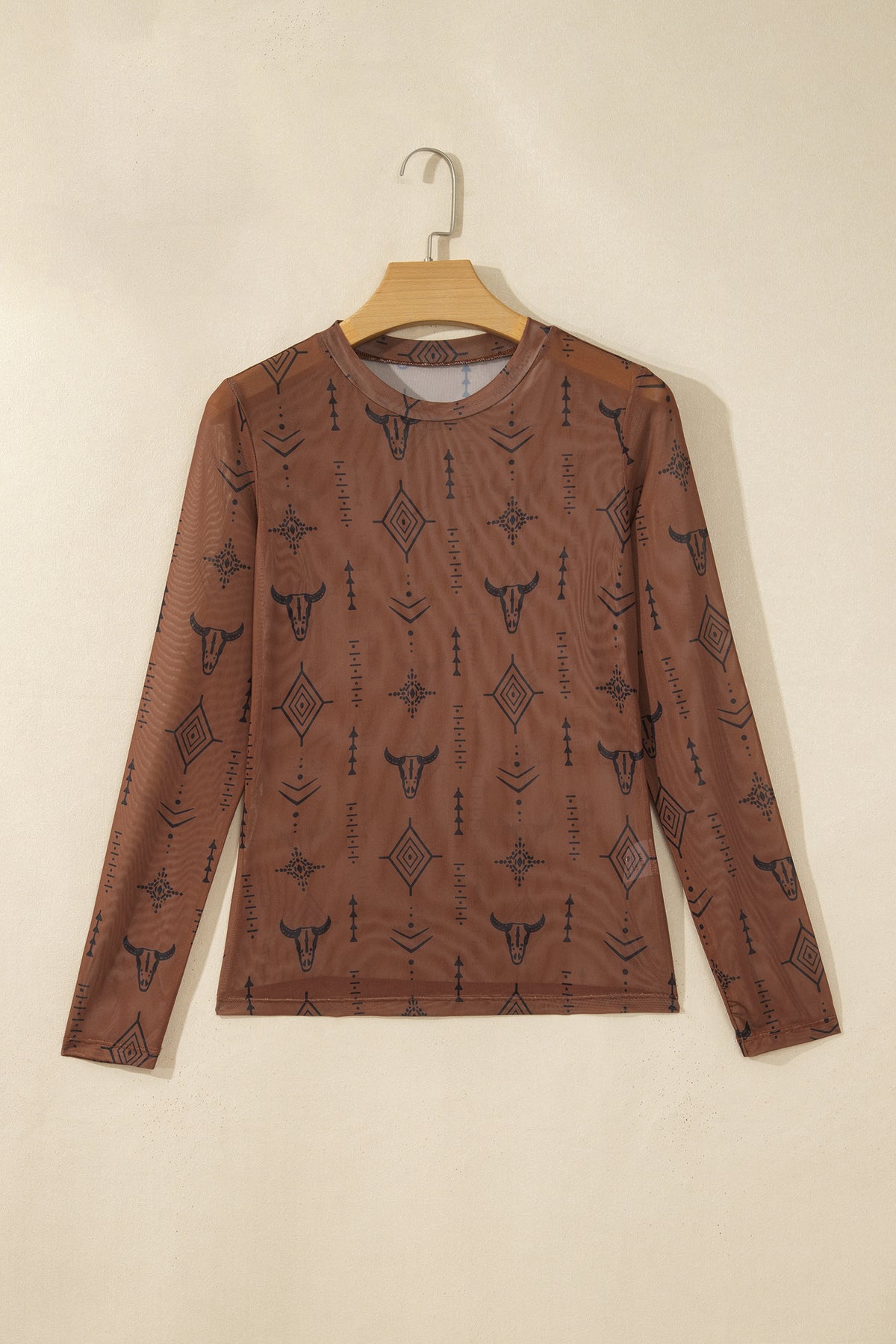 Chestnut Western-Print Long-Sleeve Mesh Top