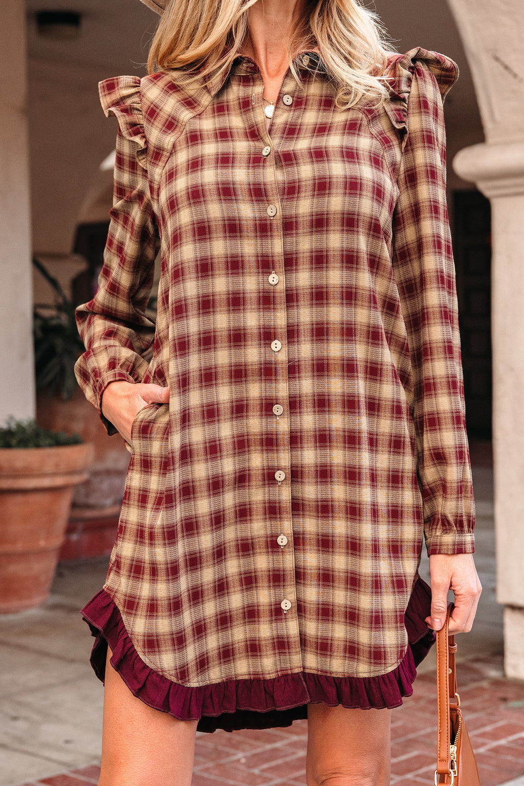 Red Plaid Ruffle Long-Sleeve Mini Shirt Dress