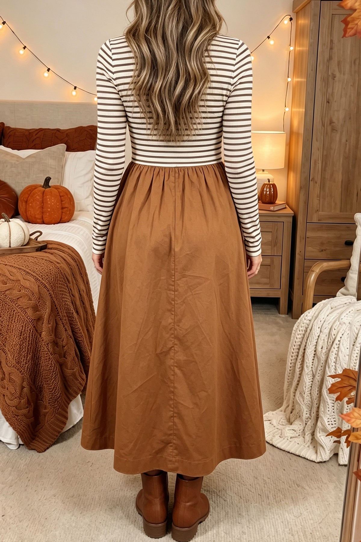 Brown Striped Ribbed-Knit Flared Maxi Dress