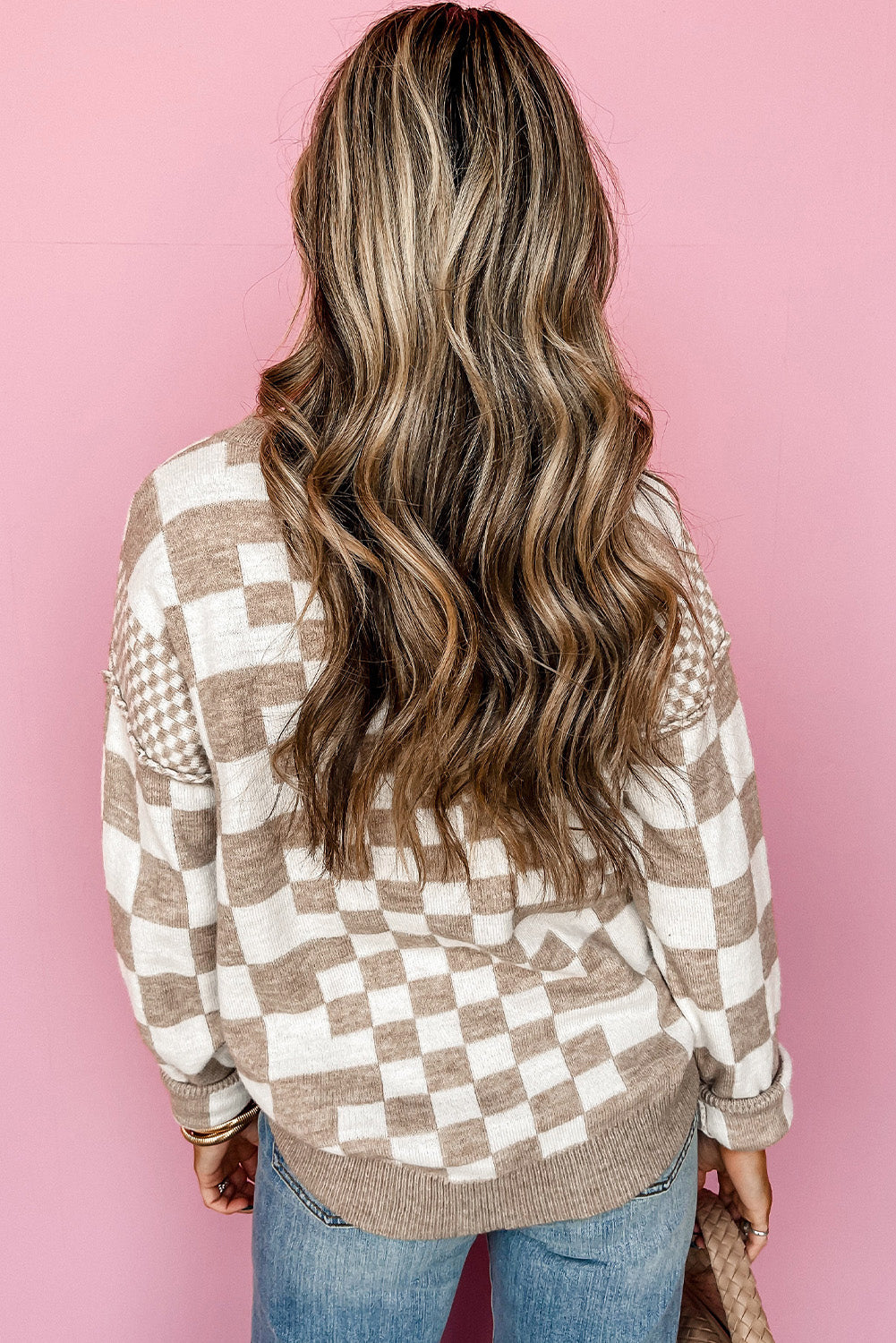Khaki Checkered Drop-Shoulder Crewneck Sweater