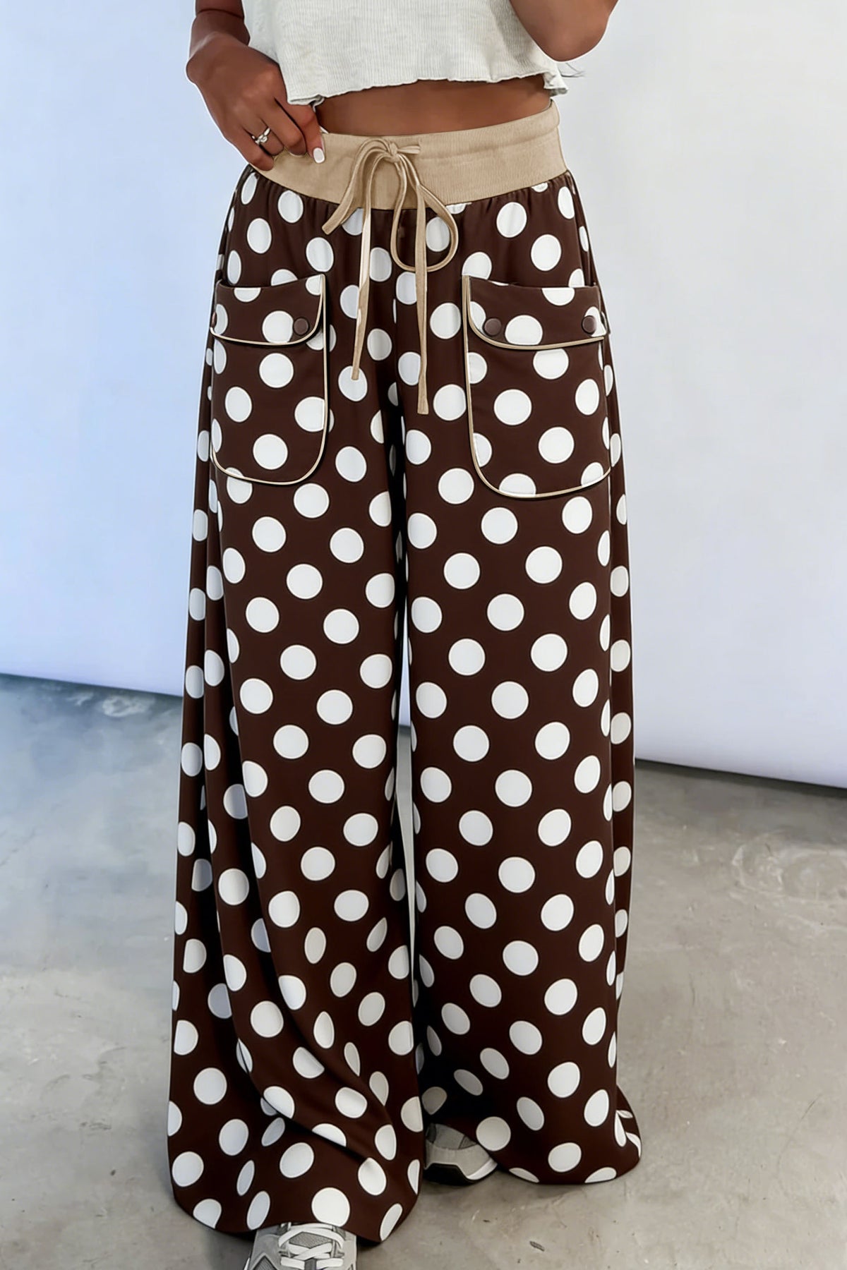 Khaki Polka Dot Wide-Leg Drawstring Pants
